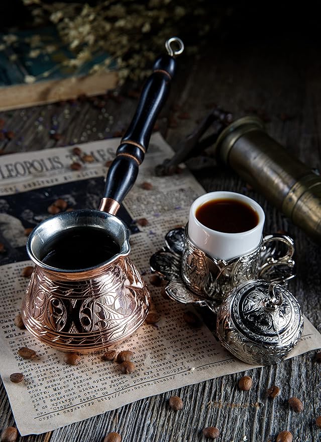 DEMMEX Thickest Copper Turkish Greek Arabic Coffee Pot, Stovetop Coffee Maker, Cezve Ibrik Briki with Wooden Handle & Spoon, Hand Engraved