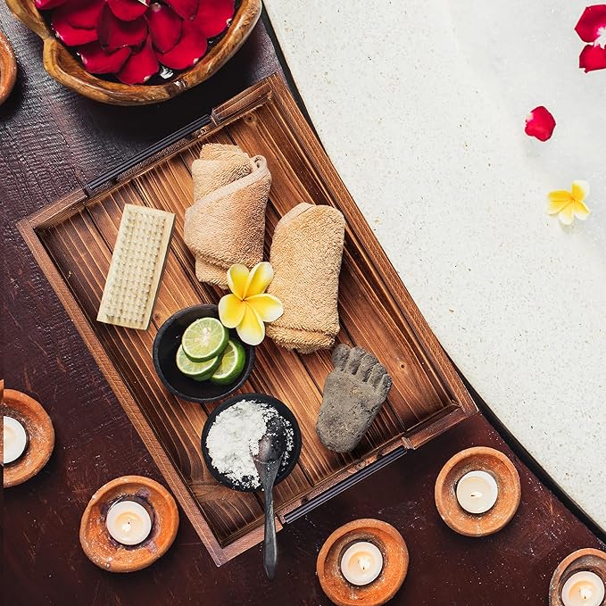 Ottoman Serving Tray | Decorative Coffee Table Tray with Handles – 17x13 Inch Wooden Tray with 4 Coasters for Breakfast, Kitchen & Bar