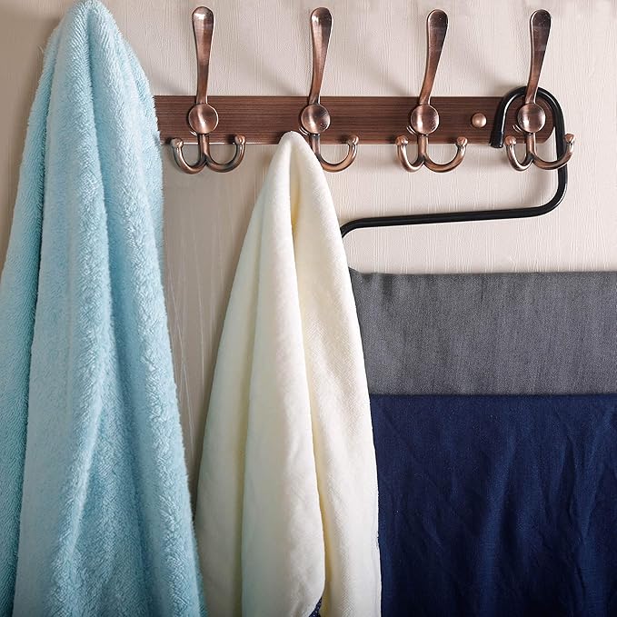 Dseap Wall Mounted Coat Rack - 5 Tri Hooks, Heavy Duty, Stainless Steel, Metal Coat Hook Rail for Coat Hat Towel Purse Robes Mudroom Bathroom Entryway (Antique Copper, 2 Packs)