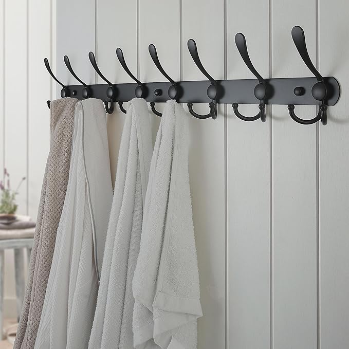 Dseap Coat Rack Wall Mount - 29.5” Long 8-Tri-Hooks Heavy Duty Coat Hanger Rail Wall Hooks for Hanging Coats Hats Clothing Clothes Purse Mudroom Entryway, Black, Pack of 2