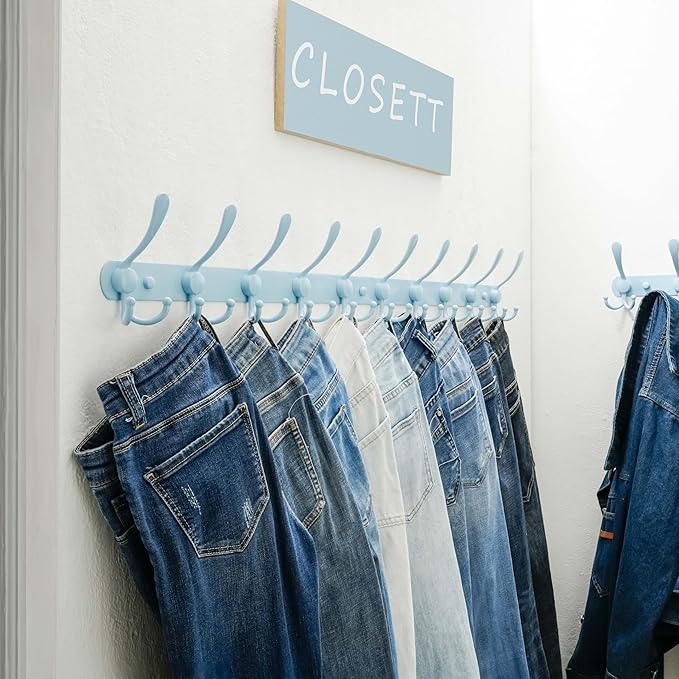 Dseap Coat Rack Wall Mount - 38” Long 10-Tri-Hooks Heavy Duty Coat Hanger Rail Wall Hooks for Hanging Coats Hats Clothing Clothes Purse Mudroom Entryway, Blue, Pack of 2