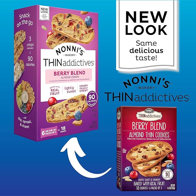 Nonni's THINaddictives Almond Thin Cookies - Berry Blend Almond Cookies - Almond Cookie Thins w/Cranberries Blueberries Goldenberries Raisins Sunflower Seeds - Kosher - 4.4 oz