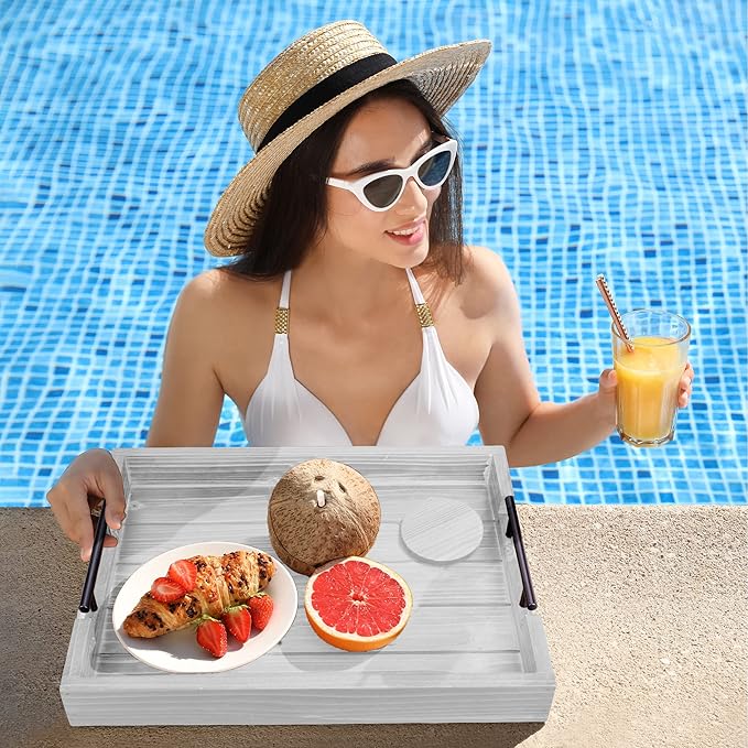 Coffee Table Tray Decorative, Serving Tray with Handles - 17x13 Inch Wood Tray for Ottoman, Breakfast