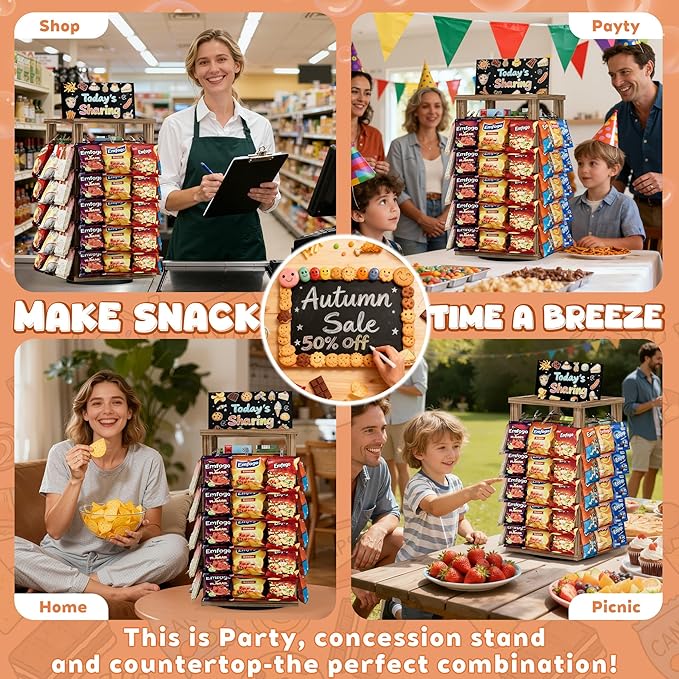 Emfogo Chip Rack Display Stand, 5-Tier Snack Organizer with 50 Clips for Office Desk, 360° Rotating Wooden Base Chip Holder, Snack Display for Concession Stand, Countertop, Party, with Message Board