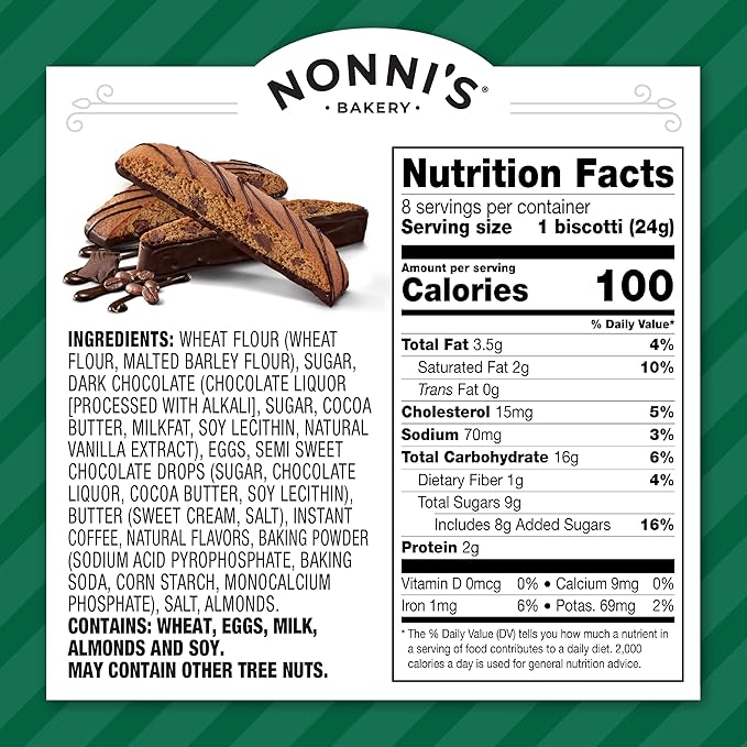 Nonni's Espresso Chocolate Chip Biscotti Cookies - 3 Boxes Espresso Coffee Cookies - Espresso Chocolate Chip Cookies w/Dark Chocolate - Italian Biscotti Individually Wrapped Cookies Kosher - 6.88 oz