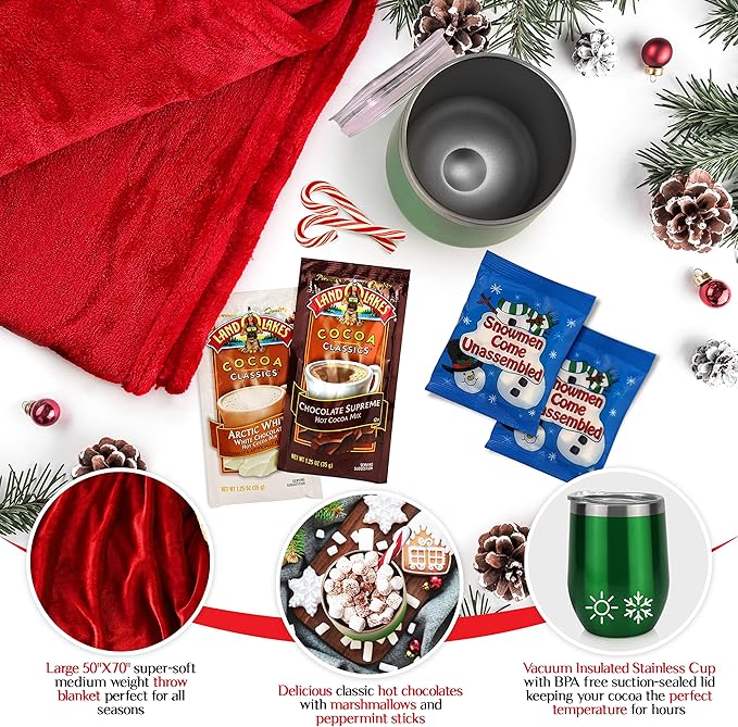 Christmas Gifts Christmas Blanket Set- Includes Luxury Red Blanket, Insulated Mug, Hot Chocolate, Candy & Marshmallows Presents Arrive in Beautiful Gift Bag with Ribbon
