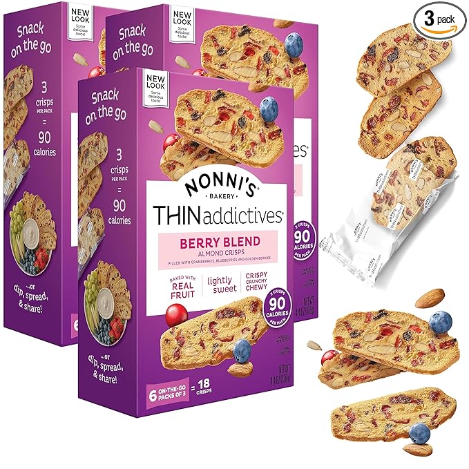 Nonni's THINaddictives Almond Thin Cookies - 3 Boxes Berry Blend Almond Cookies - Almond Cookie Thins w/Cranberries Blueberries Goldenberries Raisins Sunflower Seeds - Kosher - 4.4 oz