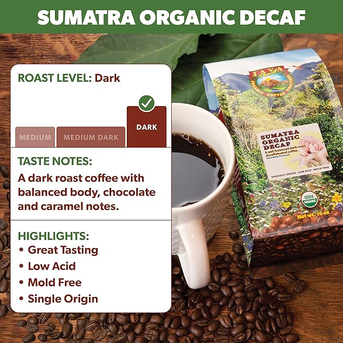 Low Acid Organic Coffee – Whole Bean, Mold-Free & Stomach Friendly by Java Planet, Sumatran Single Origin Decaf Coffee, Dark Roast, Smooth Full Flavored, 1LB Bag