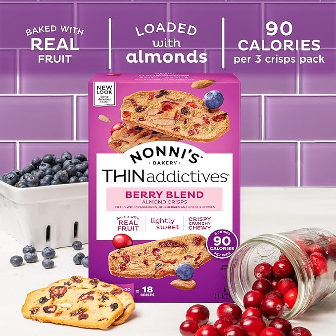 Nonni's THINaddictives Almond Thin Cookies - Berry Blend Almond Cookies - Almond Cookie Thins w/Cranberries Blueberries Goldenberries Raisins Sunflower Seeds - Kosher - 4.4 oz