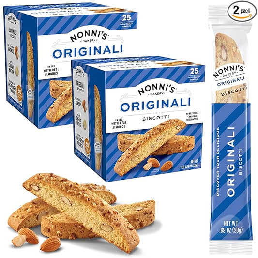 Nonni's Originali Classic Almond Biscotti Cookies – Individually Wrapped Italian Coffee Snack, Crunchy Twice-Baked, 80 Cal Each, 17.25 oz Carton, 2 Pack