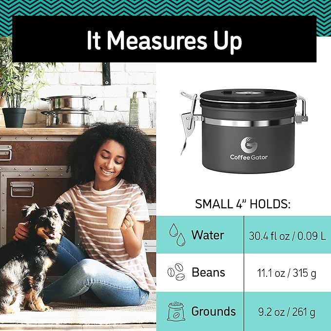 Coffee Gator Coffee Canister, 11oz Airtight Stainless Steel Kitchen Food Storage Container with Date Tracker, CO2-Release Valve and Scoop for Sugar, Beans, Tea, Sugar, Cereal, Cookies Jars - Black