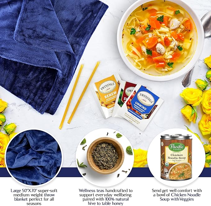 Get Well Soon Gifts for Women or Men - Gift Set Includes Luxury Blanket, Chicken Noodle Soup, TLC Tea Kit & Inspirational Word Search Book - After Surgery, Thinking of You Care Package