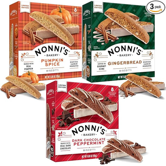 Nonni's Holiday Italian Biscotti Cookies - 3 Boxes Christmas Cookies - Dark Chocolate Peppermint Cookies, Gingerbread Cookies & Pumpkin Cookies - Biscotti Individually Wrapped Cookies - 6.88 oz
