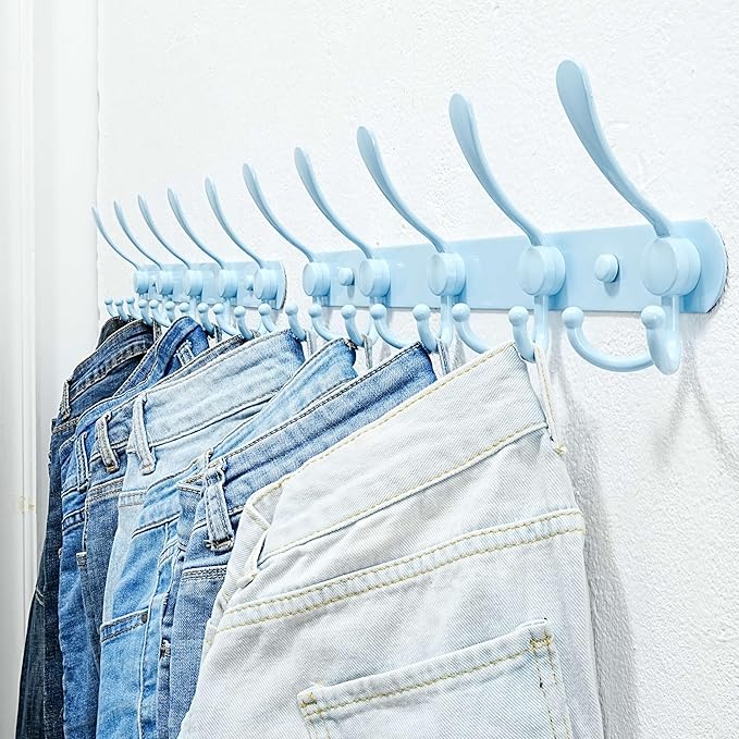 Dseap Coat Rack Wall Mounted - 5 Tri Hooks, Heavy Duty, Stainless Steel, Metal Coat Hook Rail for Coat Hat Towel Purse Robes Mudroom Bathroom Entryway (Blue, Pack of 2)