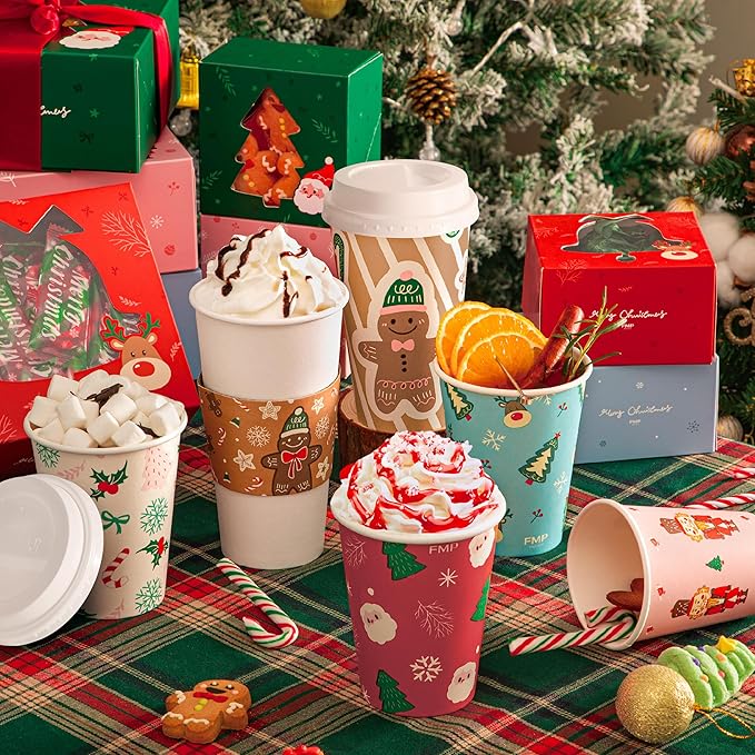 Fit Meal Prep 50 Pack 24 oz Christmas Disposable Coffee Cups with Lids, Sleeves, Leak-Proof To Go Coffee Cups with Lids, Durable Holiday Hot Paper Cups for Home, Office, Party, Business