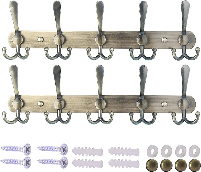 Dseap Wall Mounted Coat Rack - 5 Tri Hooks, Heavy Duty, Stainless Steel, Metal Coat Hook Rail for Coat Hat Towel Purse Robes Mudroom Bathroom Entryway (Bronze, 2 Packs)