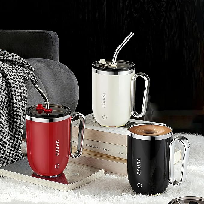 Self Stirring Mug - 4-Color Temp Display Magnetic Electric Auto Mixing Stainless Steel Cup with Straw & Lid For Office/Kitchen/Home/Coffee/Milk- 14.2oz/420ml(Black)