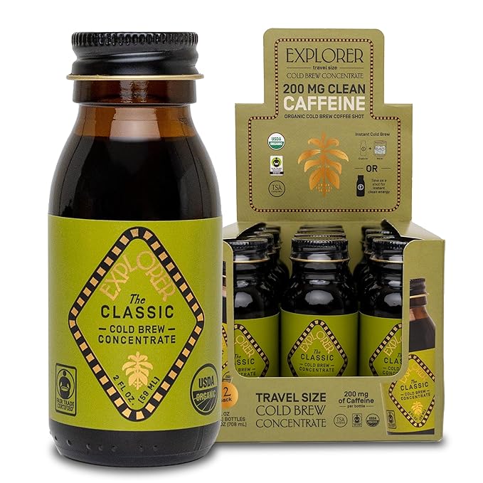 Explorer Cold Brew Organic Liquid Coffee Concentrate, Classic Regular Caffeine, Drink Iced or Hot While On the Go, Travel Size, 2 fl oz (Pack of 12)