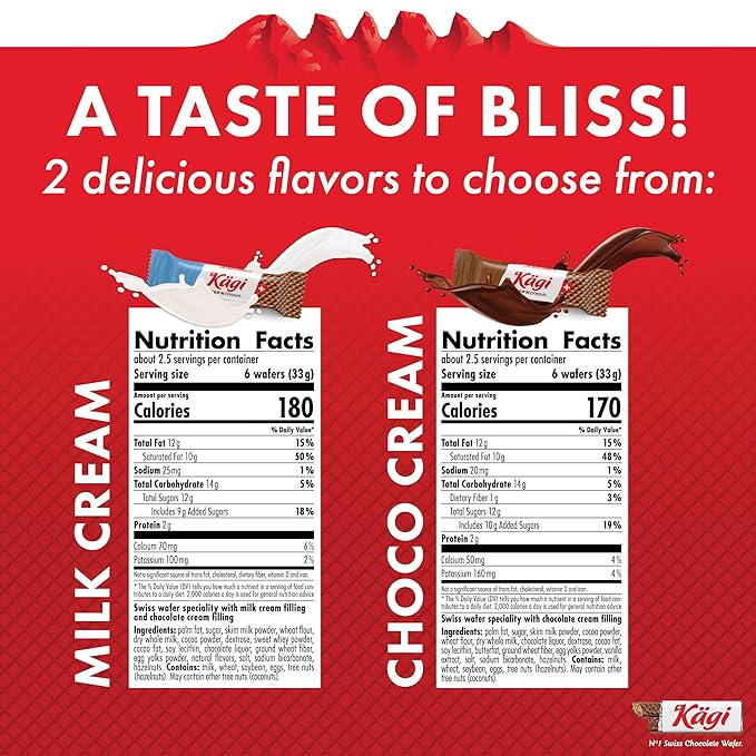 Swiss Milk Chocolate Mousse Filled Wafers by Kägi, Individually Wrapped Snacks, Chocolate Gift, Kägi Crisp'n Cream, Milk and Choco Cream, 4-Pack, 88g Bags