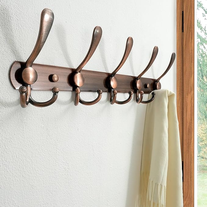 Dseap Wall Mounted Coat Rack - 5 Tri Hooks, Heavy Duty, Stainless Steel, Metal Coat Hook Rail for Coat Hat Towel Purse Robes Mudroom Bathroom Entryway,Antique Copper
