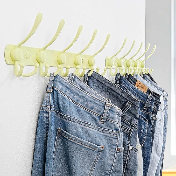 Dseap Coat Rack Wall Mounted - 5 Tri Hooks, Heavy Duty, Stainless Steel, Metal Coat Hook Rail for Coat Hat Towel Purse Robes Mudroom Bathroom Entryway, Yellow