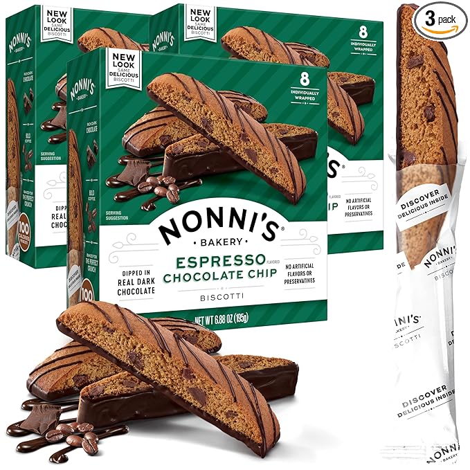 Nonni's Espresso Chocolate Chip Biscotti Cookies - 3 Boxes Espresso Coffee Cookies - Espresso Chocolate Chip Cookies w/Dark Chocolate - Italian Biscotti Individually Wrapped Cookies Kosher - 6.88 oz