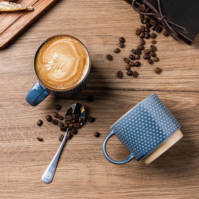 GBHOME 12 OZ Stackable Coffee Mugs, Ceramic Coffee Mugs with Texture Patterns for Man,Woman,Dad,Mom, Modern Coffee Cups Set of 4 for Latte/Cappuccino/Cocoa. Dishwasher&Microwave Safe