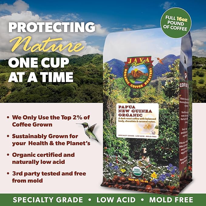 Low Acid Organic Coffee – Whole Bean, Mold-Free & Stomach Friendly by Java Planet, Papua New Guinea Single Origin Coffee, Dark Roast, Smooth Full Flavored, 5LB Bag