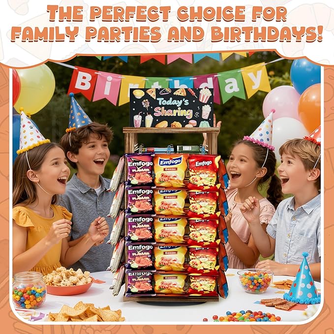 Emfogo Chip Rack Display Stand, 5-Tier Snack Organizer with 50 Clips for Office Desk, 360° Rotating Wooden Base Chip Holder, Snack Display for Concession Stand, Countertop, Party, with Message Board