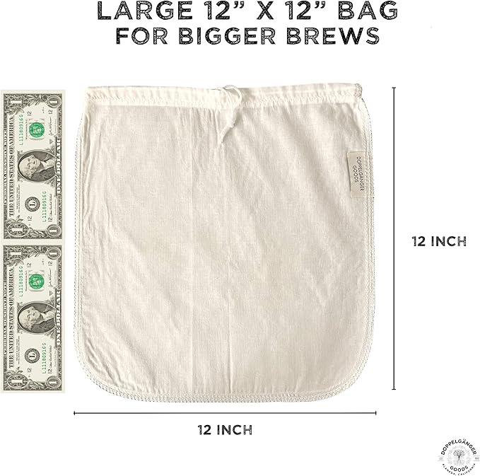Large 12x12 inch white cotton drawstring bag for brewing next to two US dollar bills for size reference