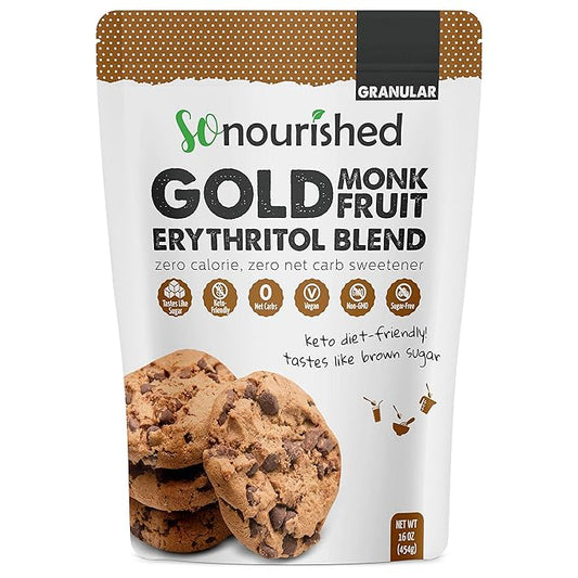 So Nourished GOLD - Brown Sugar Alternative Substitute 1:1 Sugar Replacement - Monk Fruit Erythritol Sweetener for Low Carb Dieters and Diabetics - No Calorie Sweetener, Non-GMO (1 Pound)
