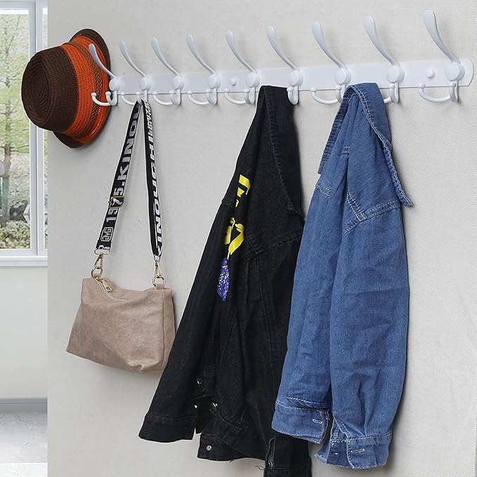 Dseap Coat Rack Wall Mount - 38” Long 10-Tri-Hooks Heavy Duty Coat Hanger Rail Wall Hooks for Hanging Coats Hats Clothing Clothes Purse Mudroom Entryway, White