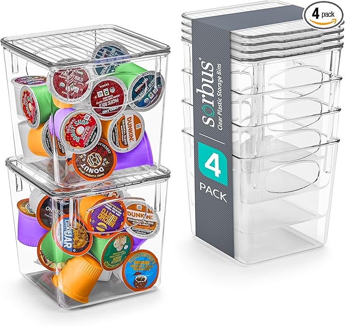 Sorbus Small Plastic K Cup Storage Bins - Nespresso Pods Holder, Vertuo Pod Holder, Kitchen Organization, Pantry Storage, Fridge Organizer - K Cup Organizer for Nespresso Accessories (4 pack)