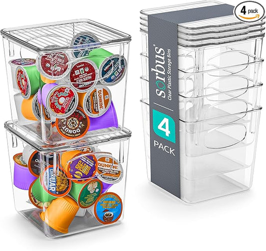 Sorbus Small Plastic K Cup Storage Bins - Nespresso Pods Holder, Vertuo Pod Holder, Kitchen Organization, Pantry Storage, Fridge Organizer - K Cup Organizer for Nespresso Accessories (4 pack)