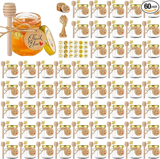Mini Glass Honey jars-1.5 oz,60pcs Hexagon Honey Jars with Wood Dipper,Stickers,Bee Pendants,Tags,Rope,Small Honey Jars with Lids,Perfect for Wedding Favors,Jams,Baby Shower,Party Favors