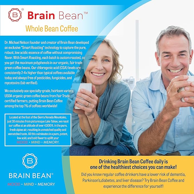 Brain Bean Organic Coffee – Smooth Taste & Rich Medium Roast – High Antioxidant & USDA certified organic for Cognitive Support, Mood Enhancement & Toxin Removal - Whole Bean Coffee – 16 oz (3-Pack)