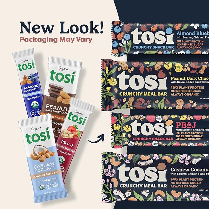 Tosi Nut Bars, Almond, Healthy Snacks for Adults & Kids, Plant Based Crunchy Bars (5G Protein), Organic Keto Snacks, Vegan, Gluten & Soy Free, Low Sugar, Omega 3s, 1oz, 12-Pack