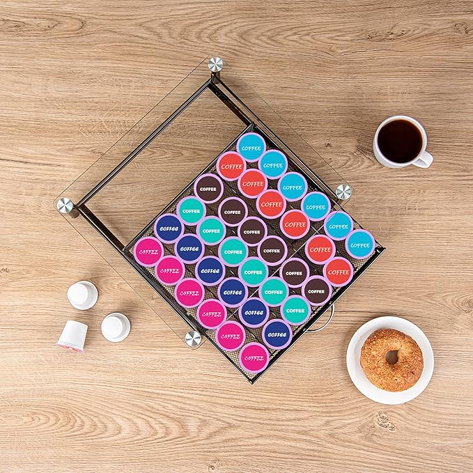 Restaurantware Restpresso 15.2 x 13.6 x 3.4 Inch Coffee Capsule Drawer, 1 Heavy-Duty Pod Drawer - Holds 36 K-Cups, Glass Top, Iron Espresso Pod Organizer, Mesh Tray, Pods Not Included