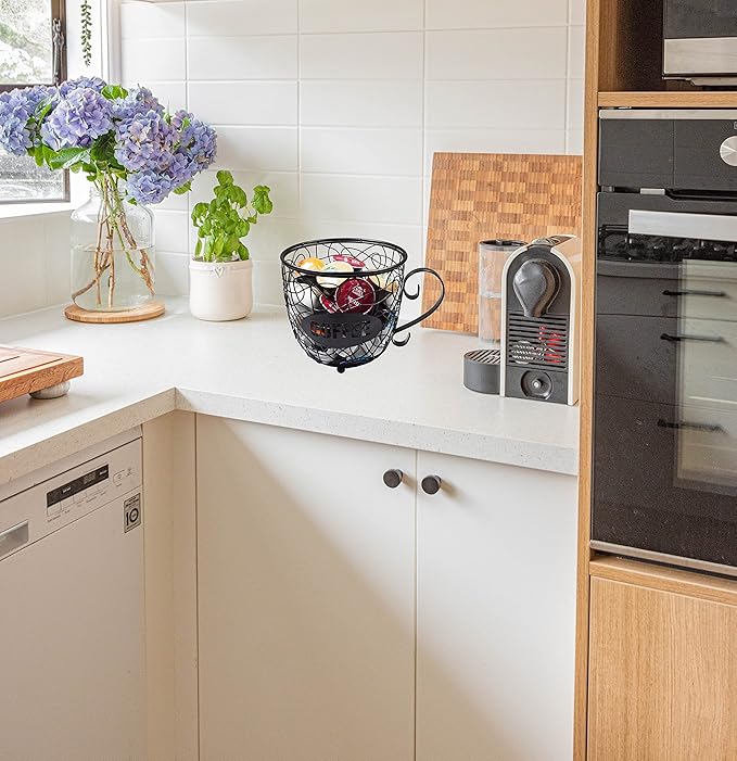 Coffee Pod Holder Large Capacity K Cup Holder, Multiuse Coffee Station Organizer, Espresso Capsule Storage, Wire Basket for food for Coffee Bar Counter, Black