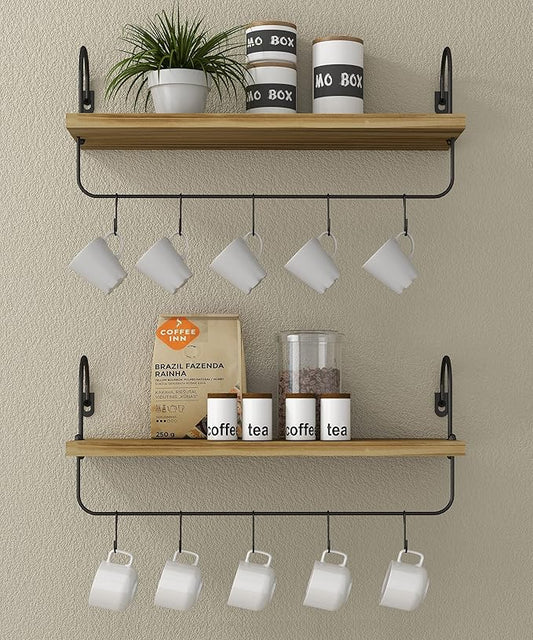 Floating Shelves with Hooks, Wall Mount Mug Holder Coffee Bar Accessories Wood Kitchen Organizer Storage with Towel Rack for Bathroom Set of 2