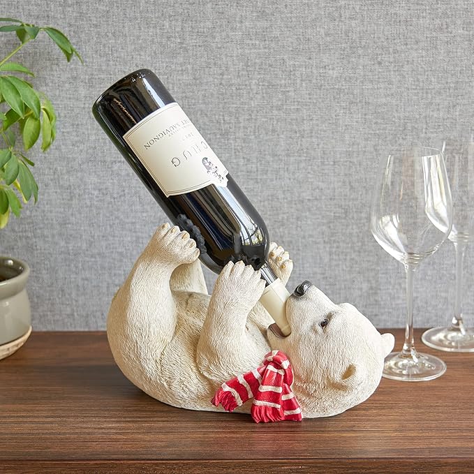 True Cheery Cub Polyresin Wine Bottle Holder - Table Top and Counter Wine Rack, Set of 1, Animal Home Decor, White, Holds 1 Standard Wine Bottle