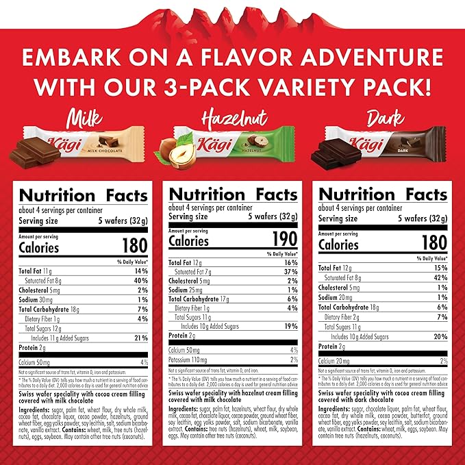Swiss Chocolate Covered Wafers Variety Pack by Kägi, Crispy Coated Dessert Snacks, Premium Individually Wrapped Treats, Gift Bag, Classic, Dark, and Hazelnut Flavors, 3 pack of 125g Bags