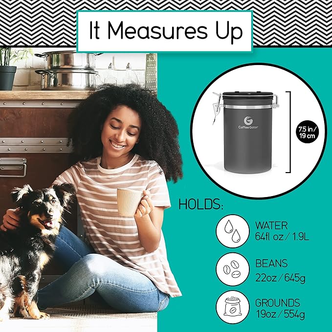 Coffee Gator Coffee Canister, 22oz Airtight Stainless Steel Kitchen Food Storage Container with Date Tracker, Scoop for Sugar, Grounds Coffee, Beans, Tea, Sugar, Cereal, Flour, Cookies Jars - Orange