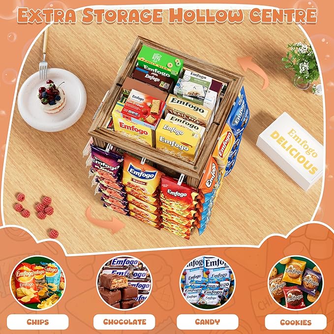 Emfogo Chip Rack Display Stand, 5-Tier Snack Organizer with 50 Clips for Office Desk, 360° Rotating Wooden Base Chip Holder, Snack Display for Concession Stand, Countertop, Party, with Message Board
