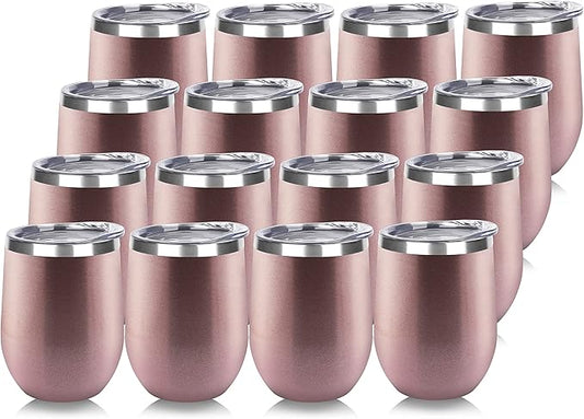 DOMICARE Stainless Steel Wine Tumbler Bulk with Lid, Personalized Rose Gold Insulated Tumblers Set, 12oz Travel Coffee Cups Pack of 16