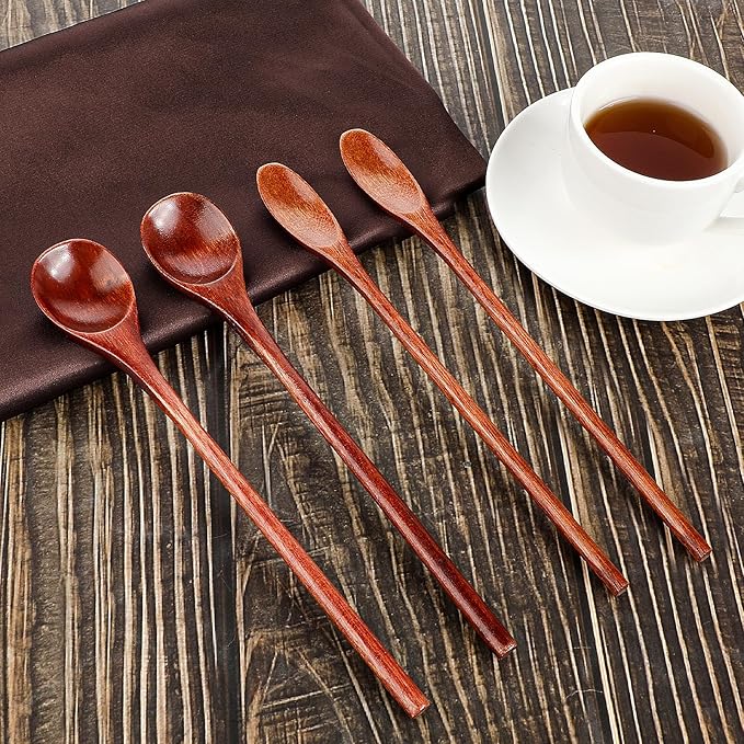 6 Pcs Wooden Coffee Spoons, Long Handle Wooden Teaspoon, Stirring Teaspoon, Long Handle Mixing Wooden Spoon for Stirring Coffee, Tea, Honey, Tasting Spoon Set for Kitchen Stirring