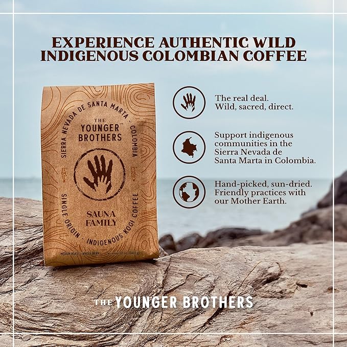 The Younger Brothers Trading Co. Kogi Coffee | Indigenous Wild Grown Whole Bean | Ethically Sourced Single Origin Colombian Coffee | Kogi Sauna Family Medium Roast, 12 Ounce (Pack of 1)