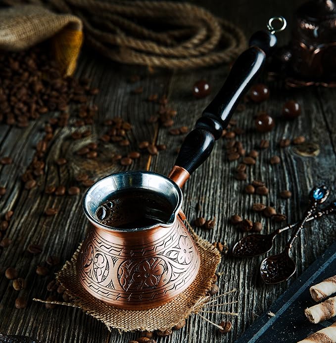 DEMMEX Thickest Copper Turkish Greek Arabic Coffee Pot, Stovetop Coffee Maker, Cezve Ibrik Briki with Wooden Handle & Spoon, Hand Engraved (Matte Copper, 9 Ounces)