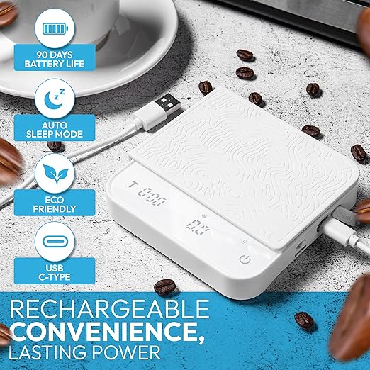 Mini Coffee Scale with Timer – Digital Barista Weight Scale with Designer-Patterned Tamper Mat, 0.1g High Precision, Portable & Rechargeable for Espresso, Pour Over, Drip, and Kitchen Brewing Use