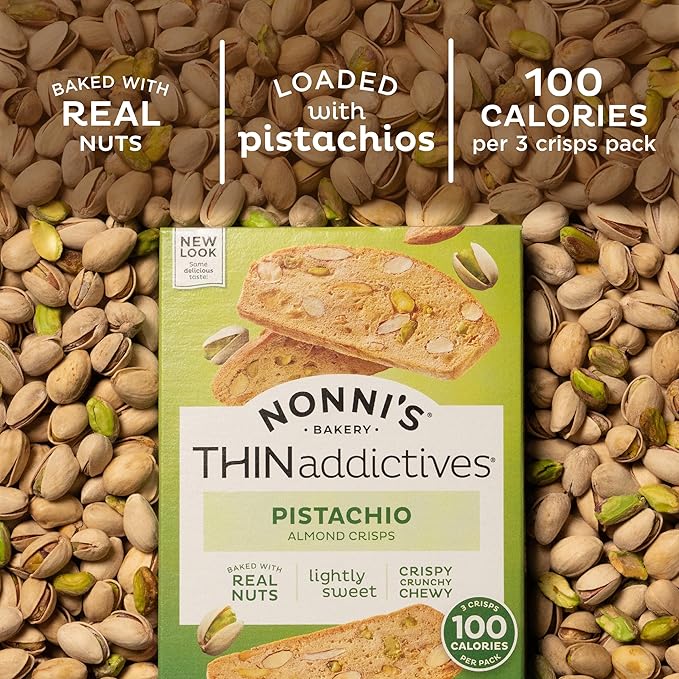 Nonni's THINaddictives Almond Thin Cookies - 3 Boxes Pistachio Almond Cookie Thins - Sweet Crunchy & Chewy Almond Cookies - Biscotti Individually Wrapped Cookies - Kosher Coffee Cookies - 4.4 oz